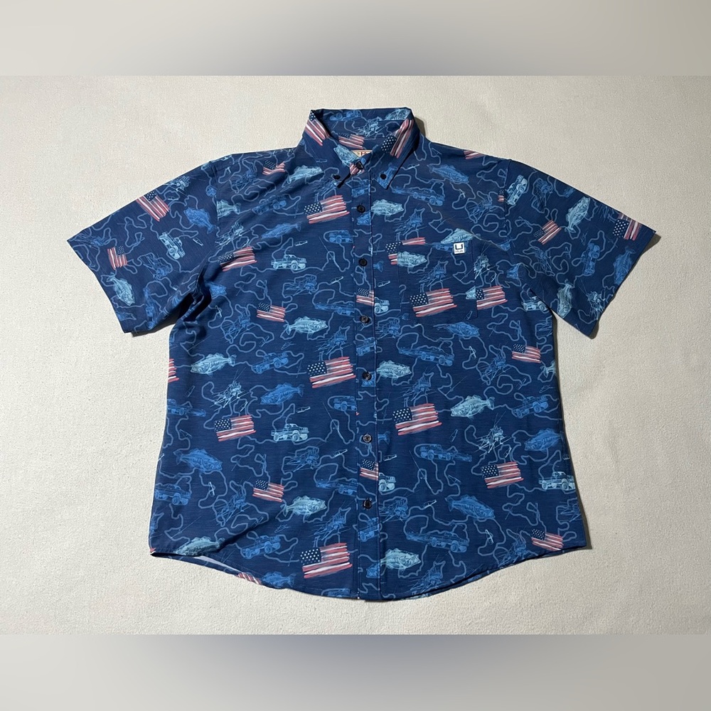 Huk Fishing‎ Mens Large USA Flag Truck Fish Beer All Over Print Wicking Shirt